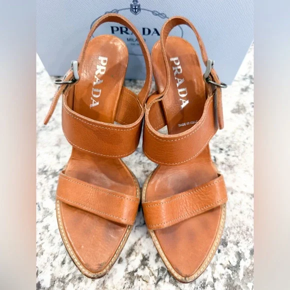 USED Prada Brown Leather Sling Backs in Cognac Size 40 - Picture 3 of 13